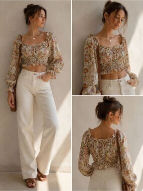 HYFVE Bohemian Floral Print Long Sleeve Crop Top Size S